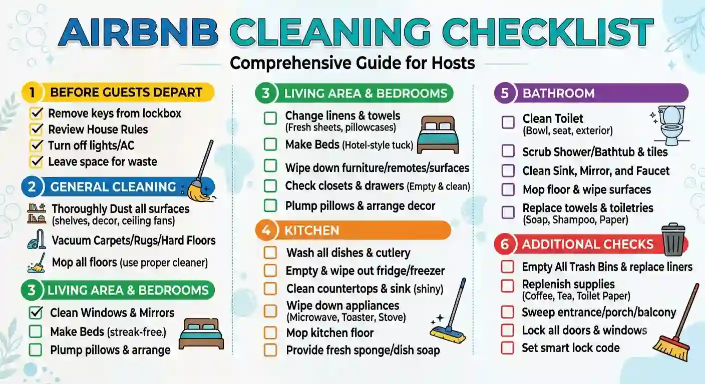 Airbnb cleaning checklist - turnover clean in progress with fresh linen