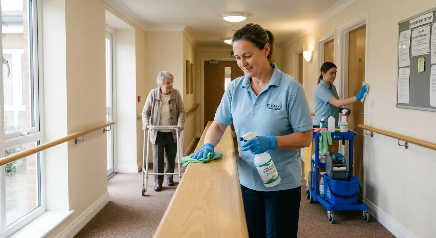 Colour-coded cleaning equipment used in UK care home infection control