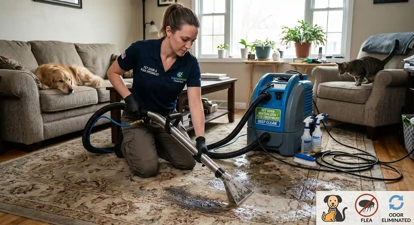 Professional carpet cleaning removing pet odours - hot water extraction in a pet household