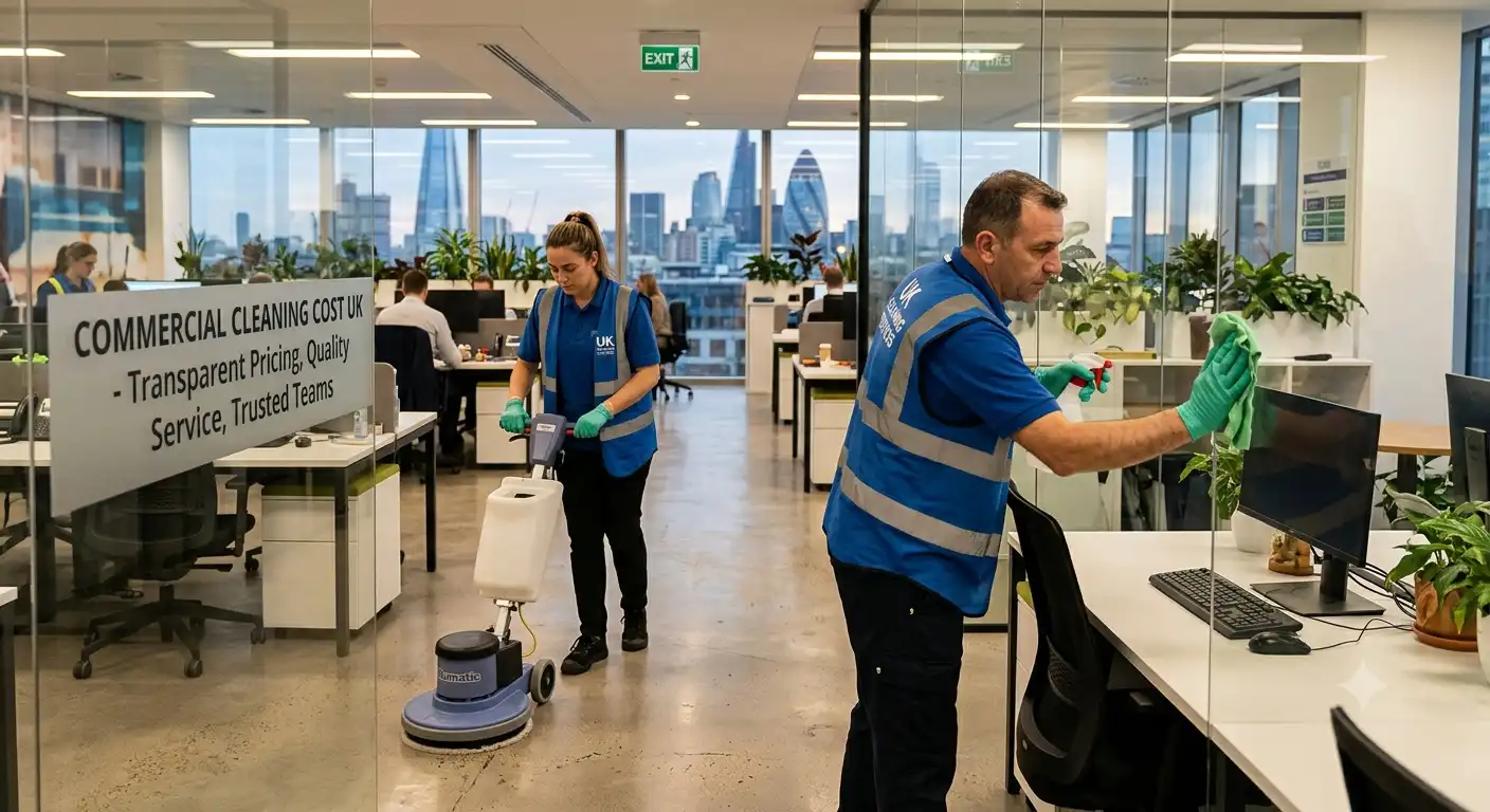 Commercial cleaning cost UK - office being professionally cleaned after business hours