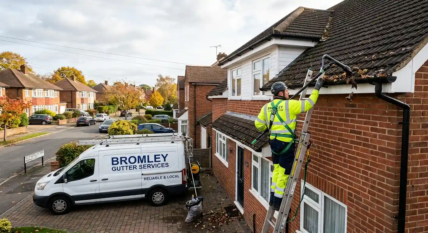Professional gutter cleaning in Bromley — TidySpaces removing moss and debris from blocked gutters