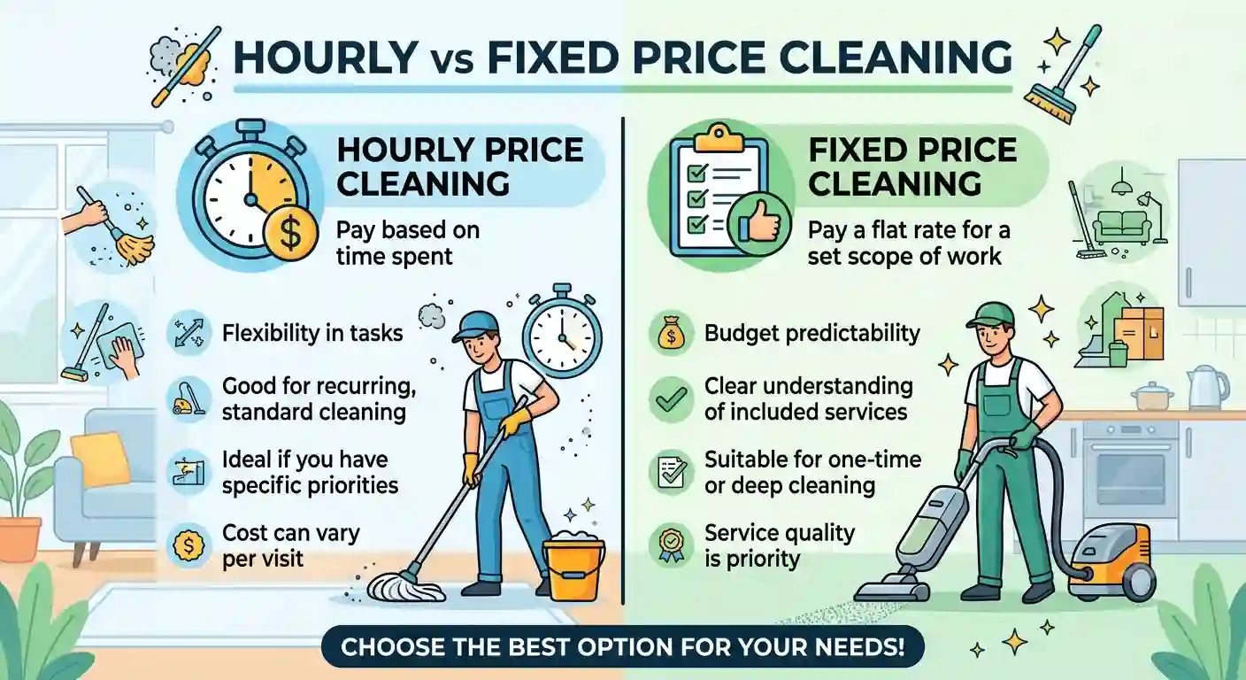 Hourly vs fixed price cleaning - cleaner discussing a written quote with a homeowner
