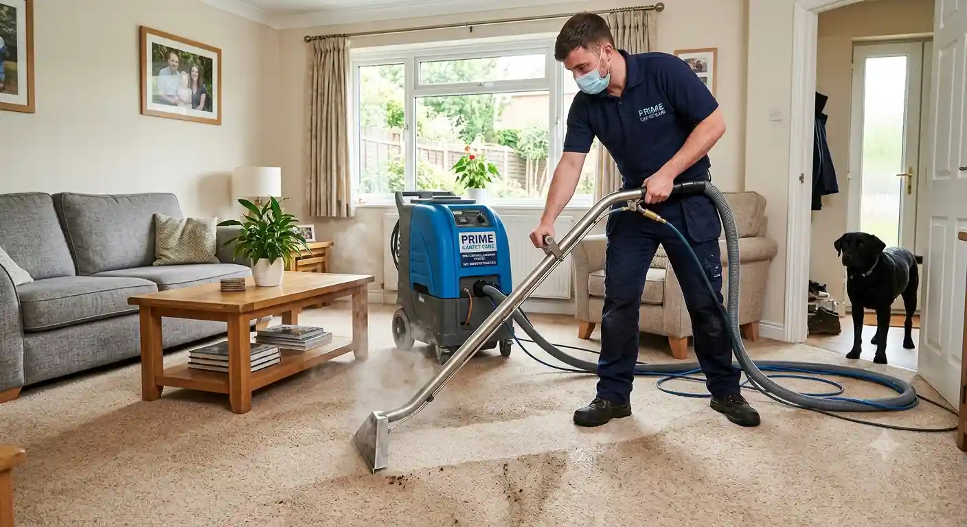 How often should carpets be professionally cleaned - hot water extraction cleaning in progress