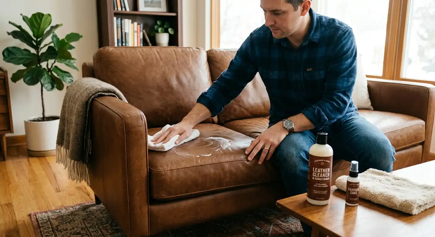 How to clean a leather sofa - wiping leather with microfibre cloth