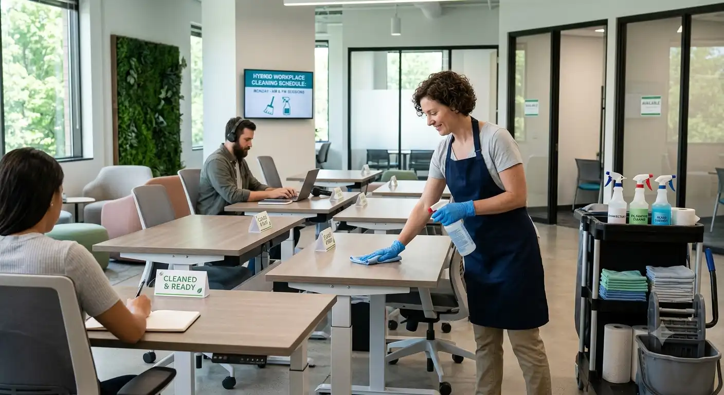 Cleaning a hot-desk office for hybrid workplace hygiene