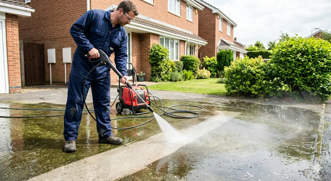 Jet washing professional cleaning driveway with high pressure water