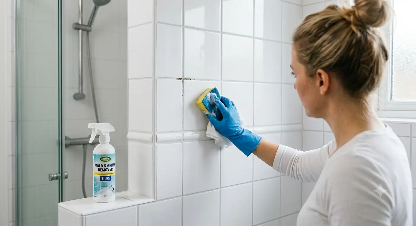 Removing mould from bathroom tile grout with a brush