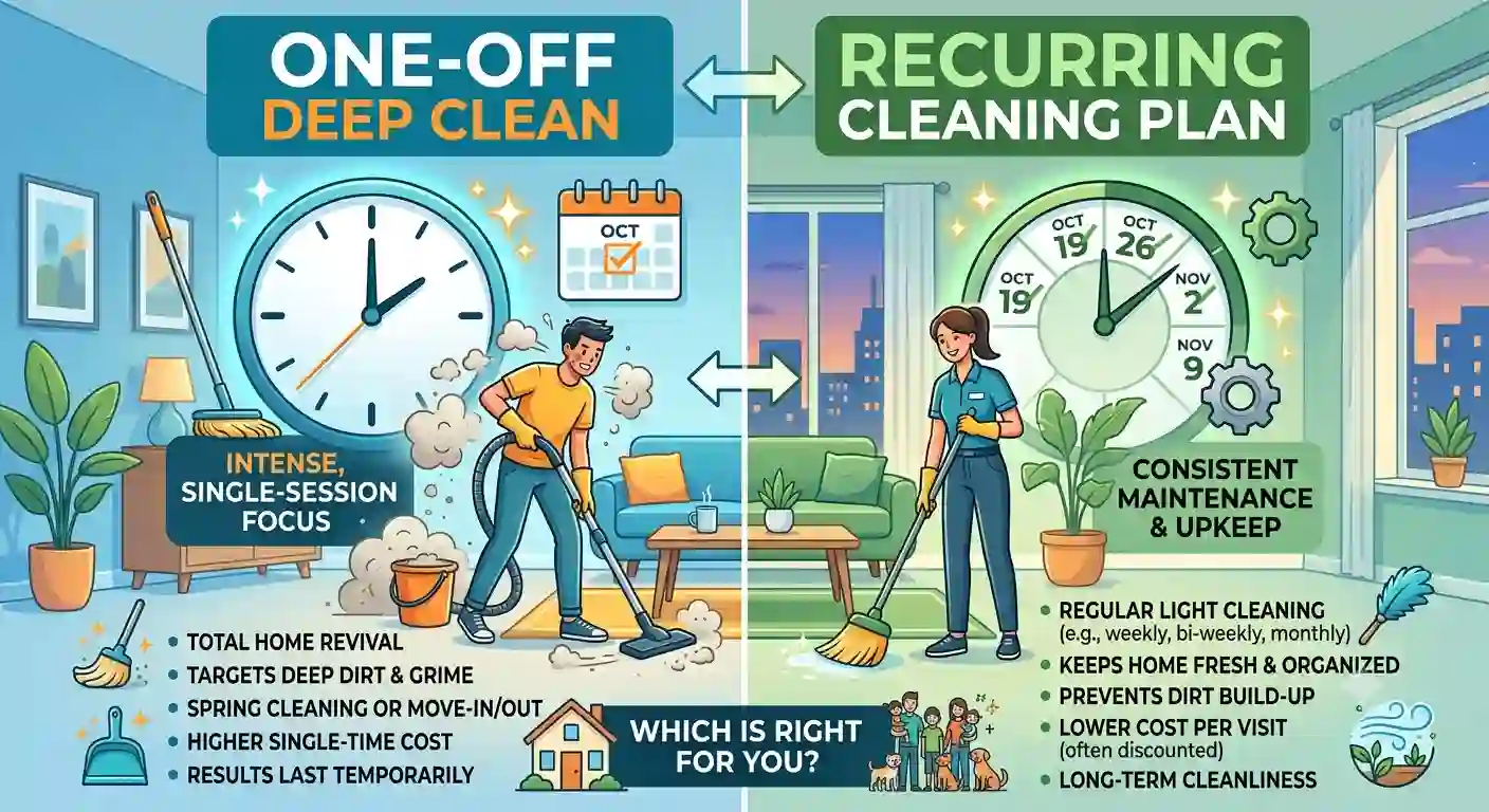 One-off clean vs recurring cleaning plan - cleaner working through a scheduled home visit