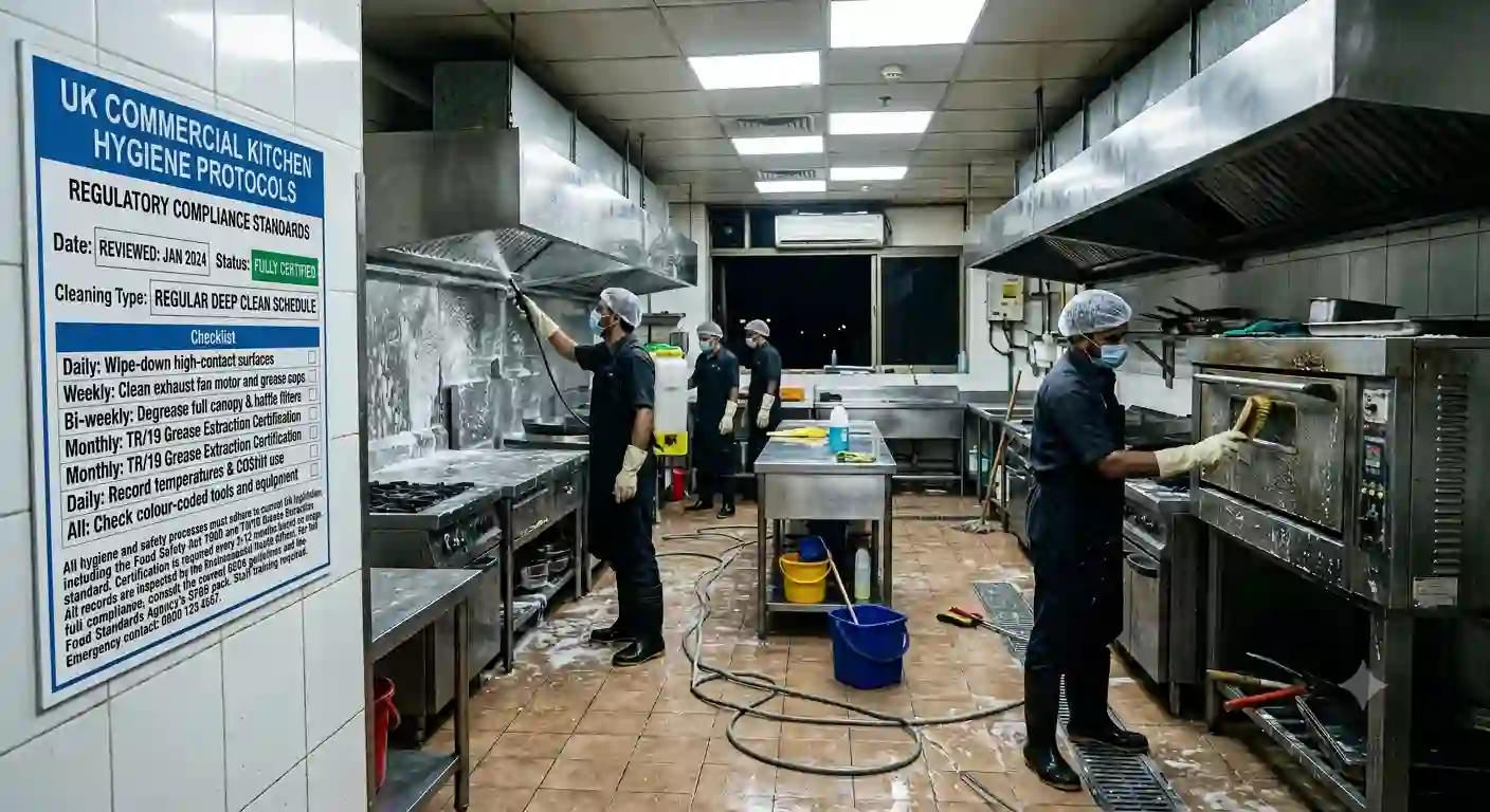 Commercial kitchen deep cleaning for EHO compliance in a UK restaurant