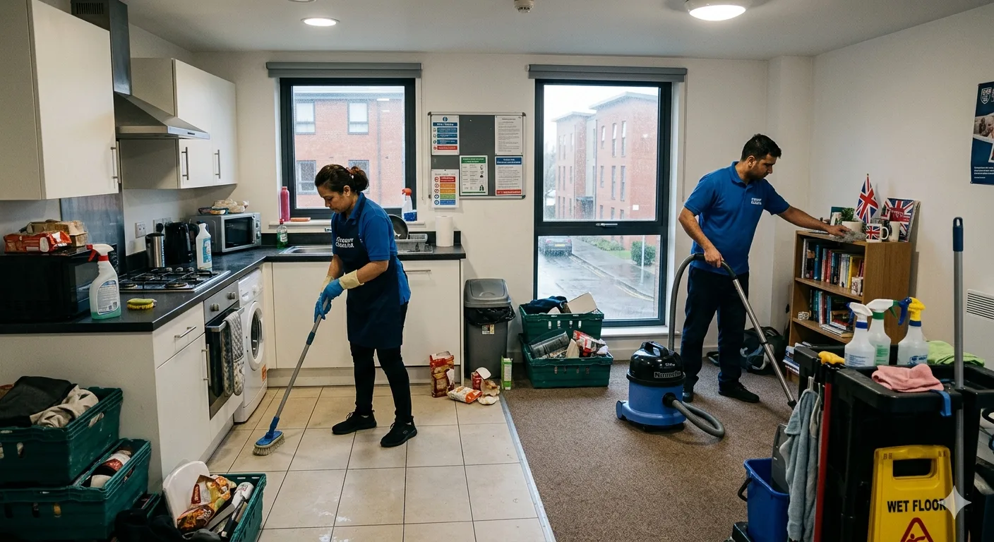 Student accommodation deep cleaning UK — TidySpaces professional cleaners in a student kitchen