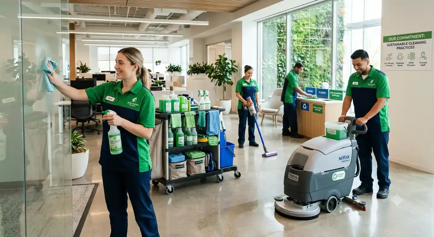 Cleaning contractor reviewing certified eco-friendly products for a UK commercial contract