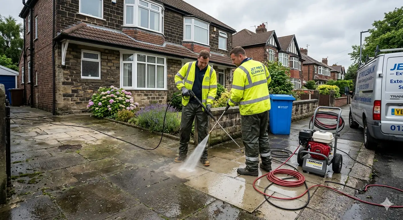 Jet washing professional cleaning driveway with high pressure water