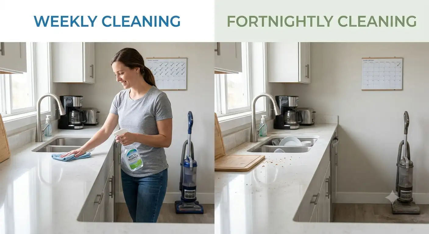 Cleaner comparing a weekly and fortnightly cleaning schedule in a UK home